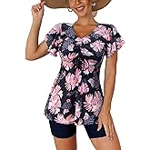 Fanuerg Women's Tankini Swimsuits Ruffled Flowy Tankini Tops with Boy Shorts Swimwear Tummy Control Two Piece Bathing Suits