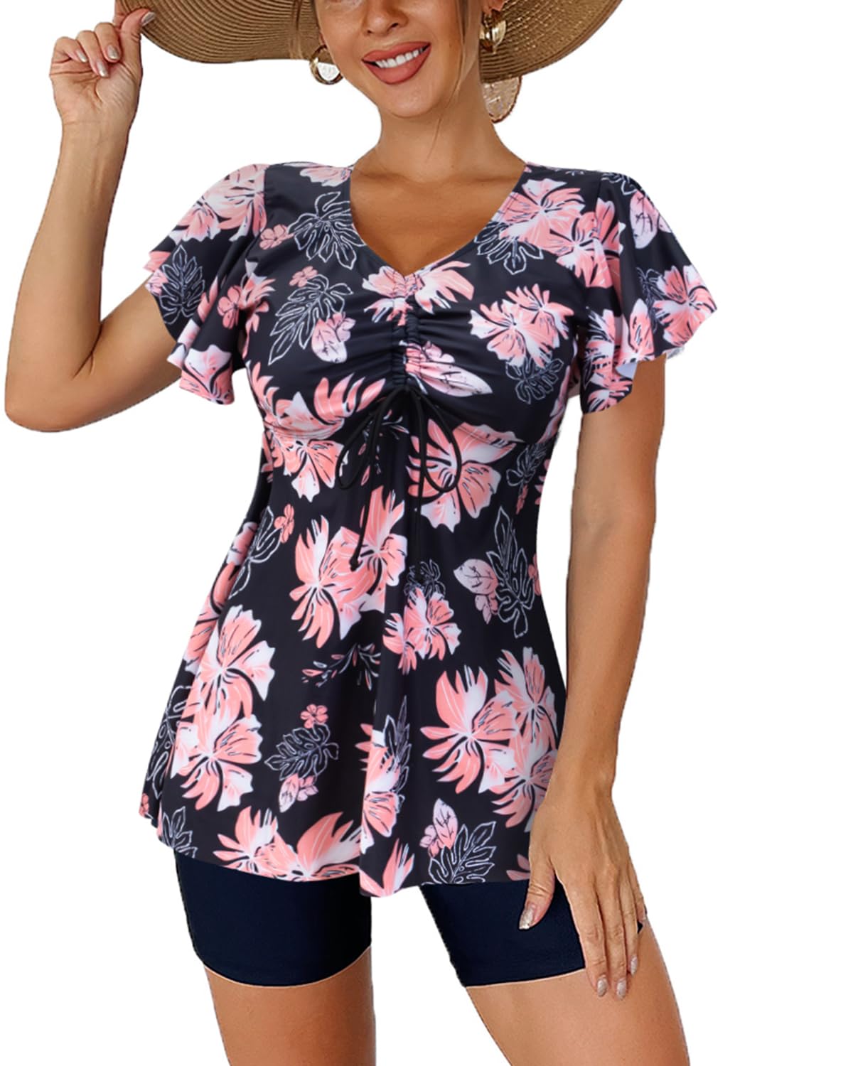 Photo 1 of Fanuerg Women's Tankini Swimsuits Ruffled Flowy Tankini Tops with Boy Shorts Swimwear Tummy Control Two Piece Bathing Suits Retro Floral Print L