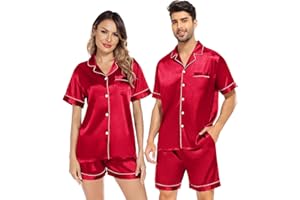 SWOMOG Satin Matching Pajamas Sets Couple Silk Button Down Nightwear Short Sleeve Sleepwear 2 Pieces Loungewear with Shorts