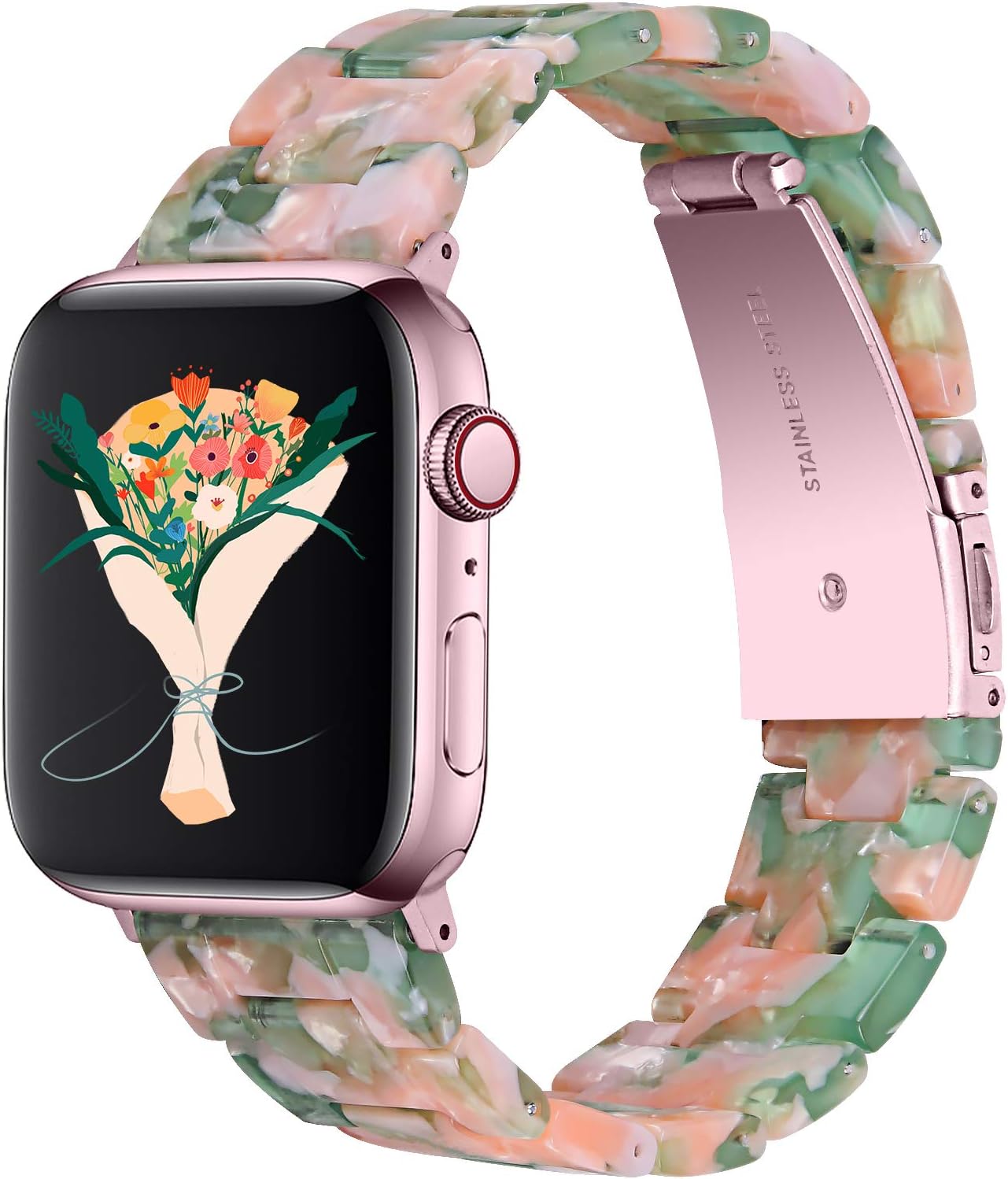 Apple Watch Bands,Fashion Resin iWatch Bands Bracelet Compatible with Stainless Steel Buckle for 40mm 38mm 44mm 42mm Apple Watch Series 6 / SE / 5/4, Series 3 2 1 (Pink Green, 38mm/40mm)
