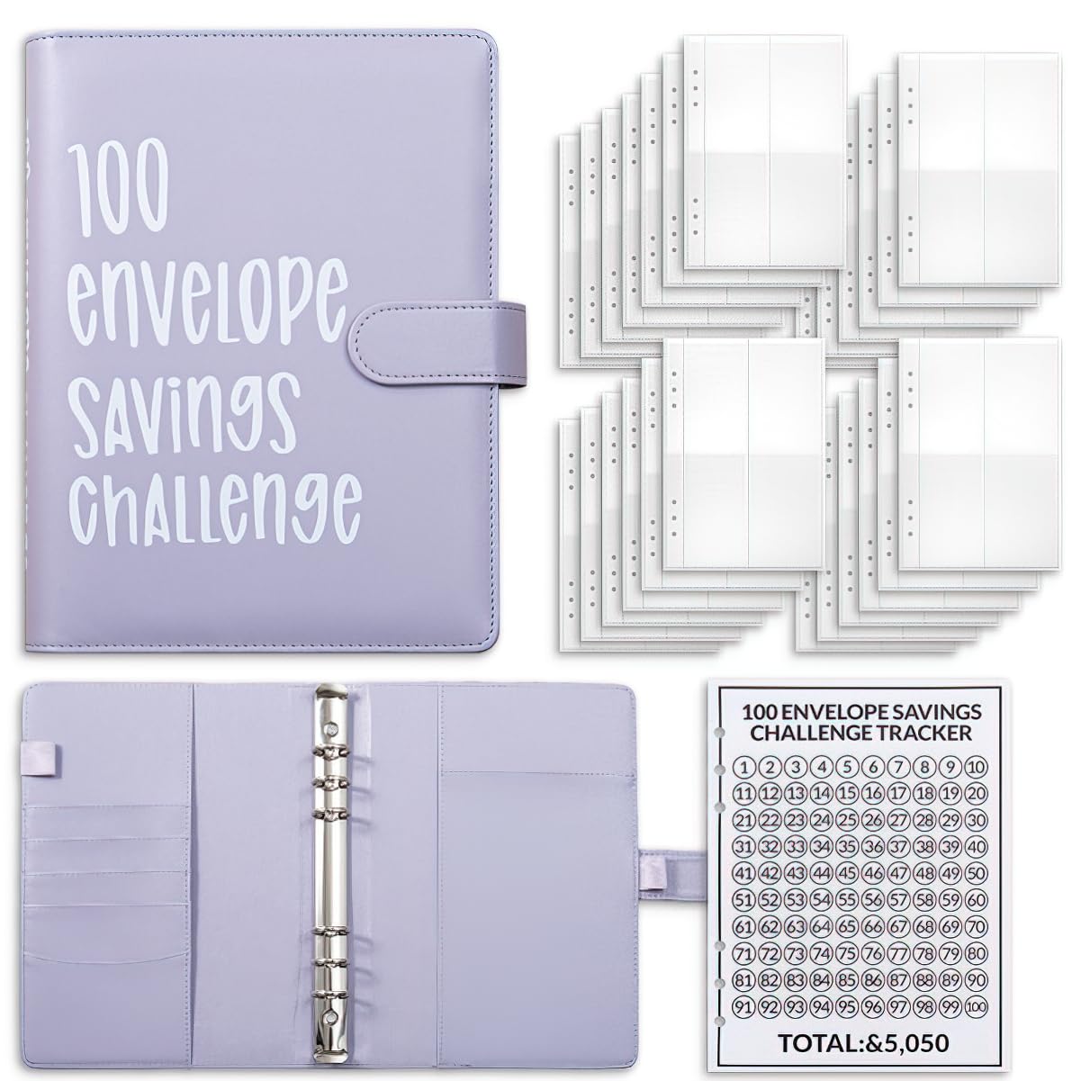 Photo 1 of 100 Envelopes Money Saving Challenge Book, 100 Day Challenge Money Saving Binder Kit, Easy & Fun Way To Save Cash $5,050, Savings Challenges Book With Envelopes For Budgeting Planner & Saving (Purple)