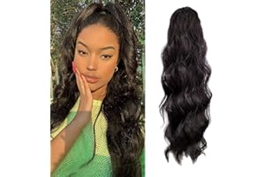 KETHBE 24 Inch Long Body Wave Ponytail hair Extension Synthetic Heat Resistant Wrap Around Drawstring Curly Wavy Ponytail Hairpieces for Women(Natural Black)