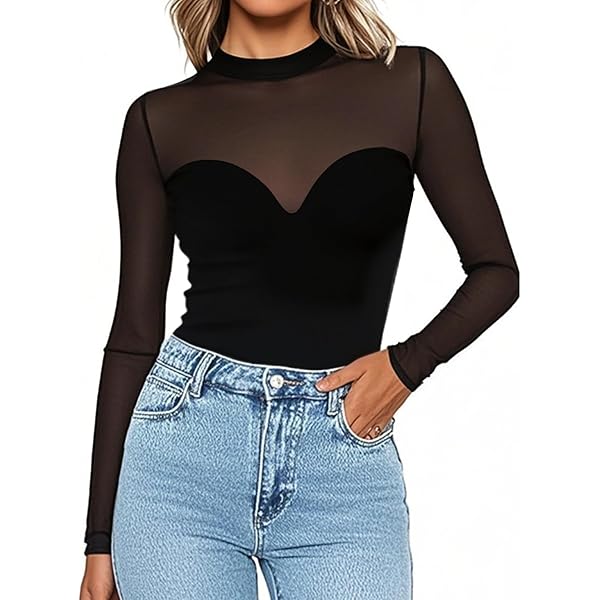 Women's Mesh Long Sleeve Tops - Mock Neck Sheer See Through Tee