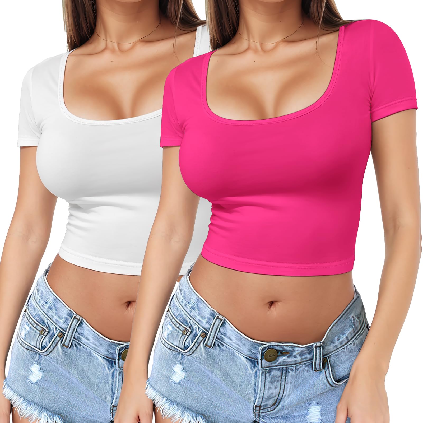 Photo 1 of 2 Pieces Short Sleeve Square Neck Crop Top for Women Soft Workout Shirt Going Out Tops Sexy Slim Fitted Casual Base Layer Lightweight