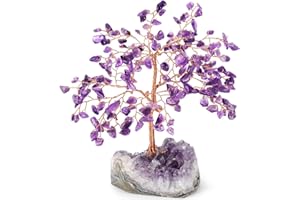 MASGEMES Handmade Chakra Gemstone Crystal Tree of Life,Natural Amethyst with Amethyst Cluster Base,Bonsai Feng Shui Decor Money Tree,Healing Crystals Positive Energy Gift Size 5.5"-6.3"