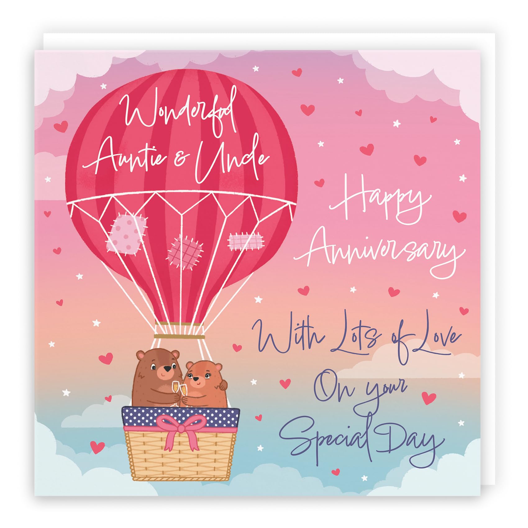 Hunts England - Auntie And Uncle Hot Air Balloon Anniversary Card - Cute Bears - Luxury Anniversary Card For Auntie And Uncle - Cute Auntie And Uncle Anniversary Card - Champagne And Love Hearts — image 1
