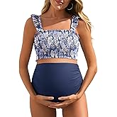 Summer Mae Maternity High Waist Bikini Swimsuit Two Piece Ruffled Hem Cute Bathing Suit Floral Pregnancy Swimwear