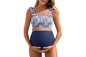 Summer Mae Maternity High Waist Bikini Swimsuit Two Piece Ruffled Hem Cute Bathing Suit Floral Pregnancy Swimwear