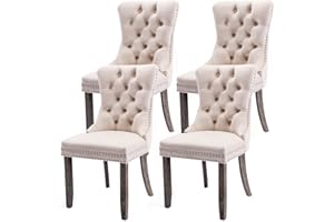 Virabit Upholstered Dining Chairs Set of 4, Velvet Tufted Dining Chairs with Nailhead Back and Ring Pull Trim, Solid Wood for Kitchen/Bedroom/Dining Room (Beige)