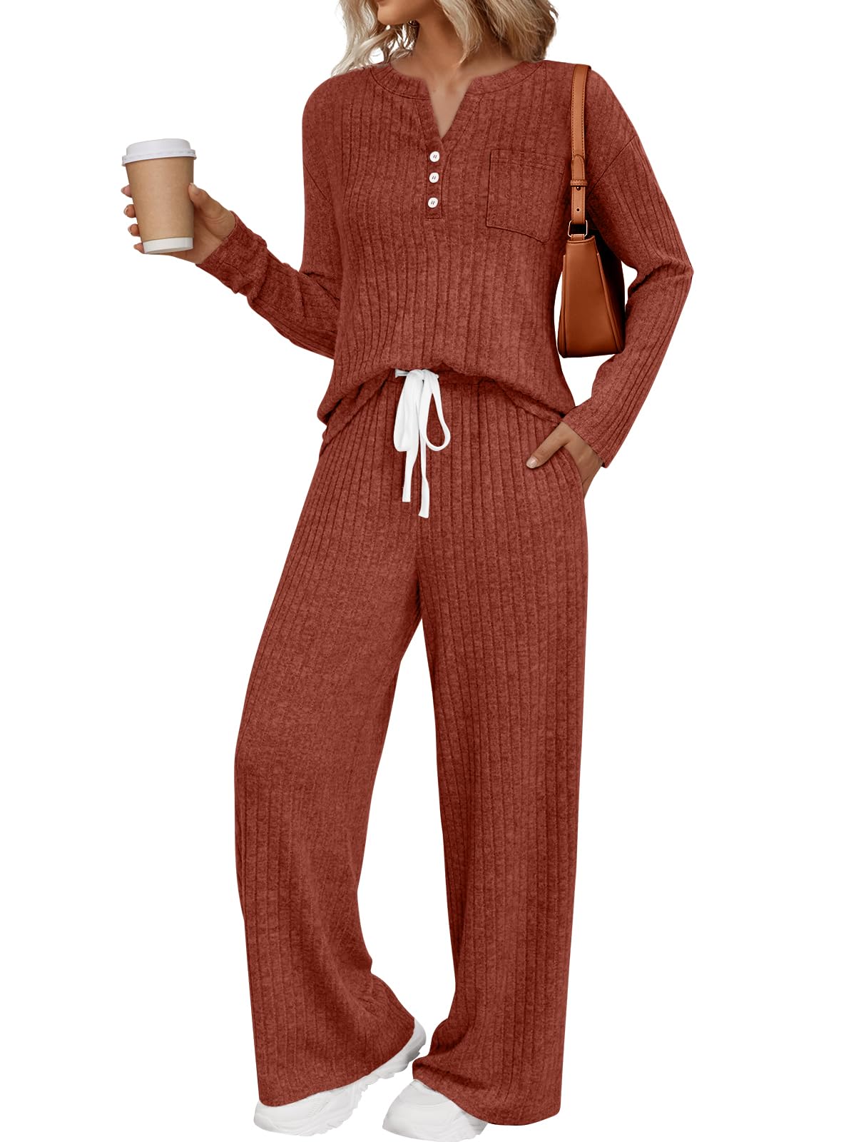 LILLUSORY Womens 2 Piece Lounge Sets Matching Airport Travel Outfits 2026 Spring Clothing Fall Pajamas Sweat Suits Pockets Caramel M Image