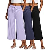 Real Essentials 3 Pack: Women's Ultra-Soft Wide Leg Loose Capri Open Bottom Pants - Yoga Lounge Pockets(Available in Plus)