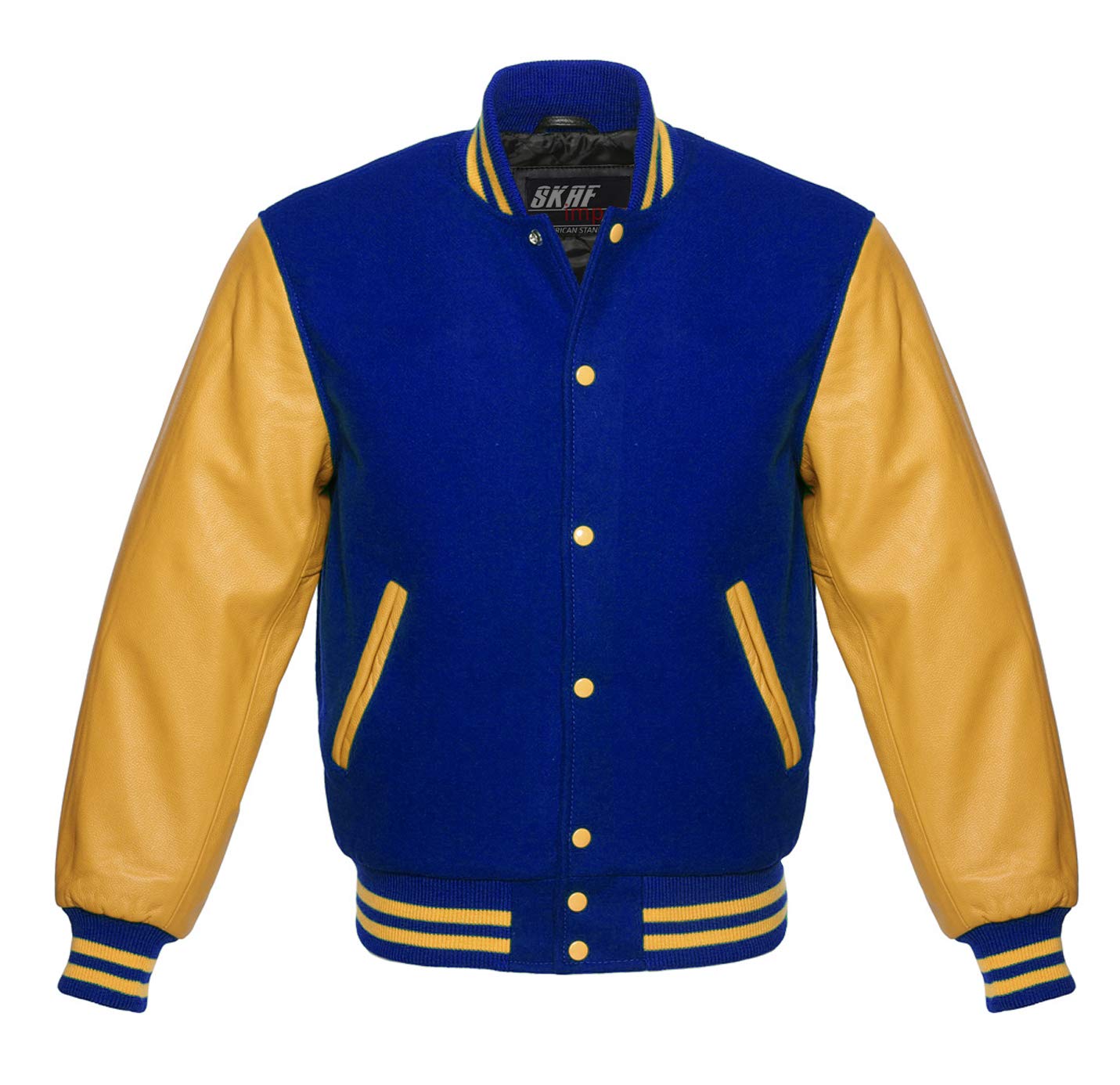 Letterman Baseball Football Class Team Varsity Jacket Royal Blue Wool Gold Leather Sleeves XS~7XL