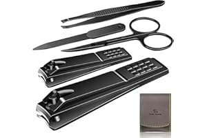 QLNE Manicure Pedicure Kit Nail Clippers Set Fingernails & Toenails Vibrissac Scissor 5 Pieces Best Care Tools for Man & Women with Travel Case (Gray/Black_A) (Gray/Black_A)