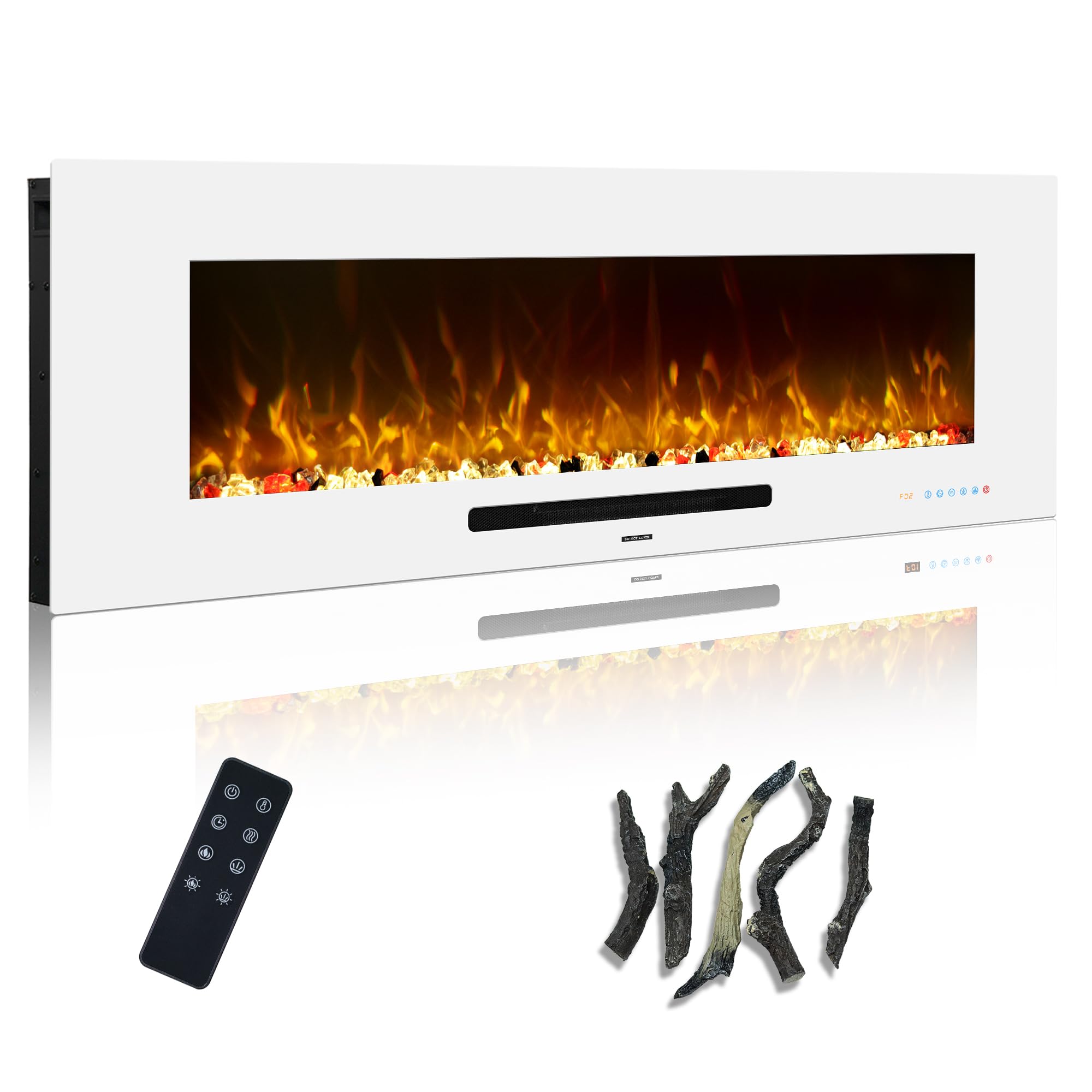 Photo 1 of Oxhark Flame 50 inch Electric Fireplace, Recessed & Wall Mounted Fireplace Heater with Remote Control and 750/1500W Thermostat, Multicolor Flame Combinations, Logs & Crystal, White