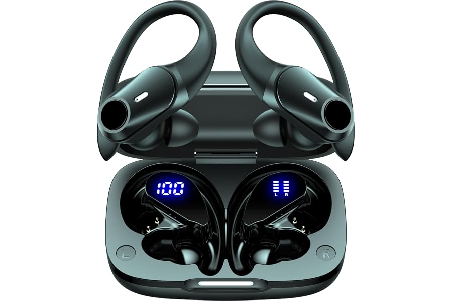 Active Noise Cancelling Ear Buds Wireless Bluetooth Headphones 80H Playtime Display Charging Case 50dB ANC Over Ear Hooks Ear