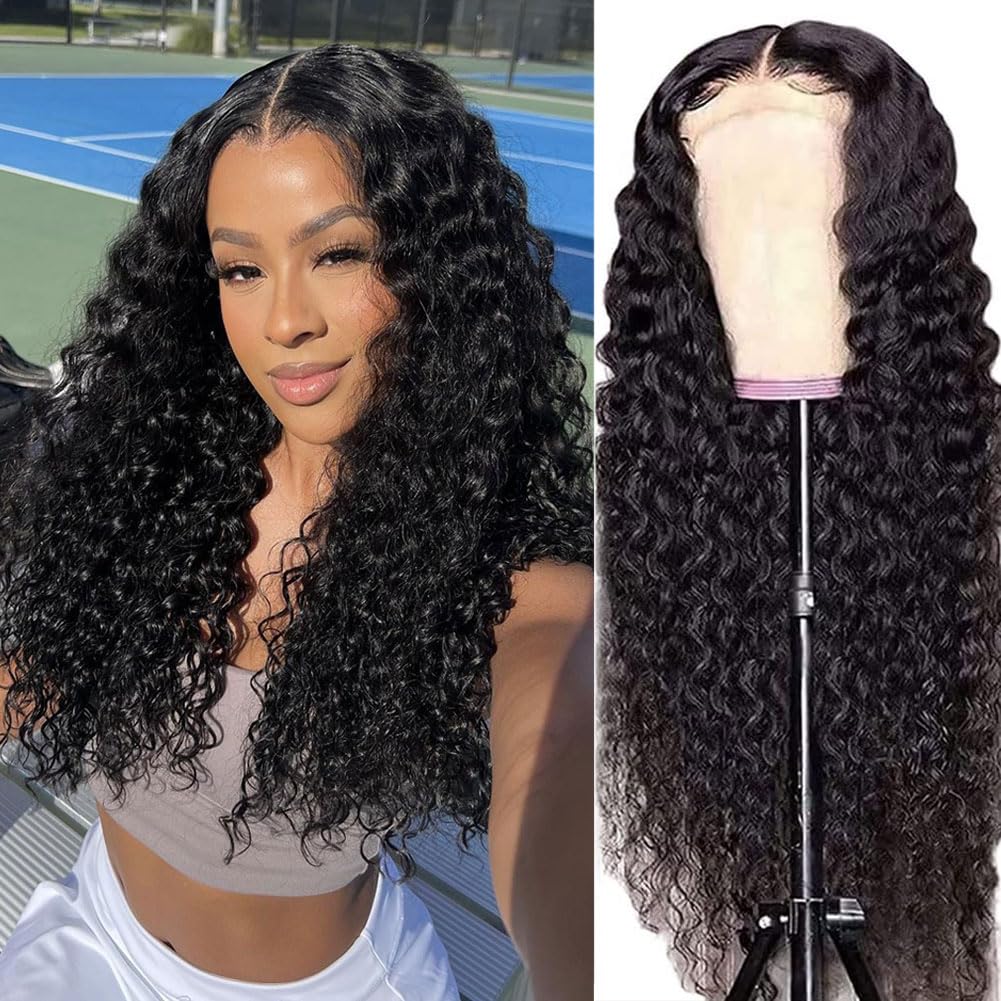 4x4 Deep Wave Lace Front Wigs Human Hair Brazilian Virgin Deep Curly HD Transparent Lace Closure Wigs Wet and Wavy Human Hair Closure Wig Free Part Lace Front Wig Bleach Knots for Black Women 14 Inch