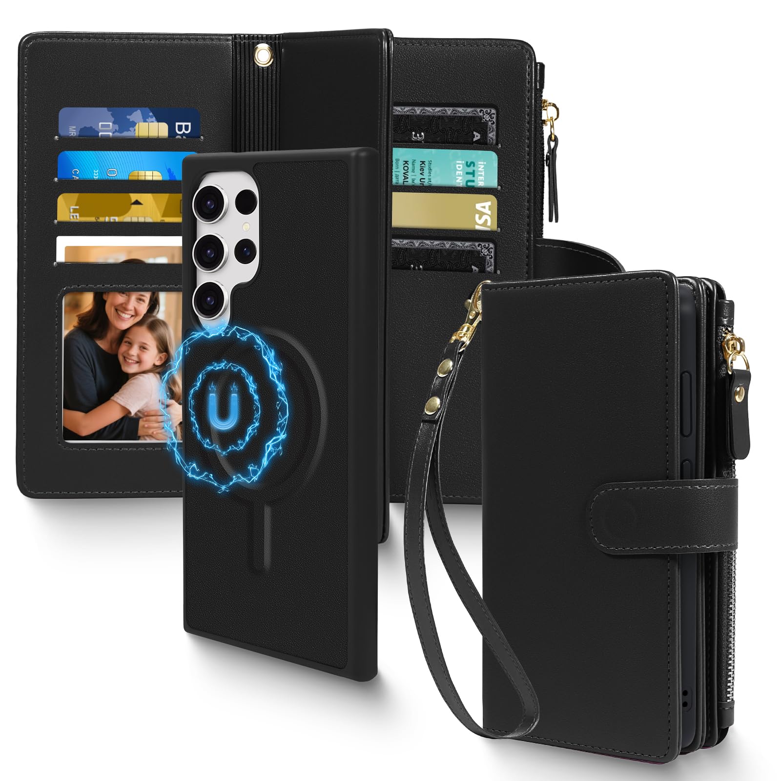 Photo 1 of Harryshell 2 in 1 for Samsung Galaxy S24 Ultra Wallet Case Magnetic Compatible with Magsafe RFID Blocking Card Holder Detachable Phone Cover Zipper Purse Kickstand Wrist Strap for Men Women Black
