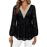 Bebonnie Women's Casual Long Sleeve Lace V Neck Double Layers Mesh Tunic Tops