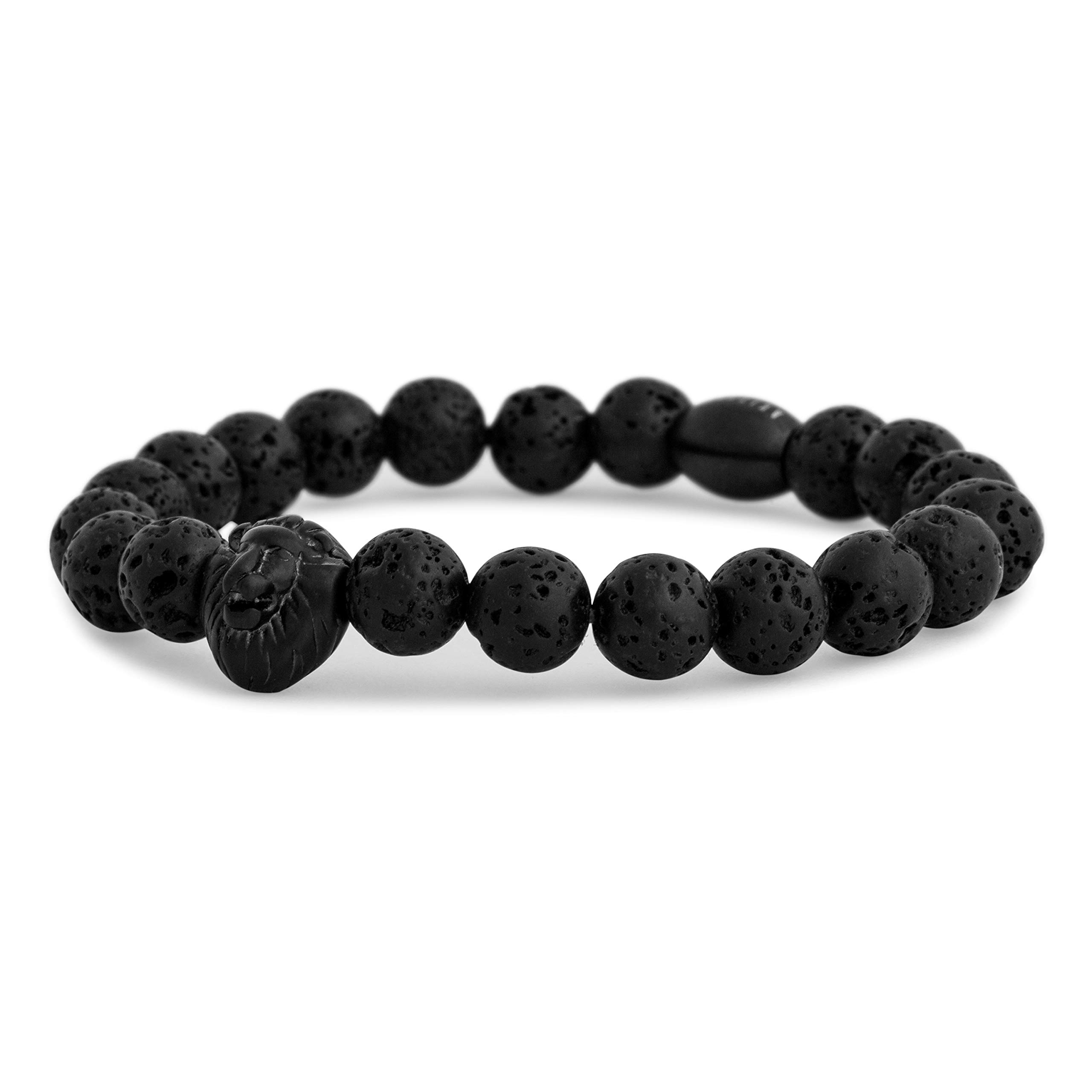 Akitsune Regis Beaded Bracelet - Link Bangle Trinket Women Lion - Matte Black Lava Stone Black - 18cm