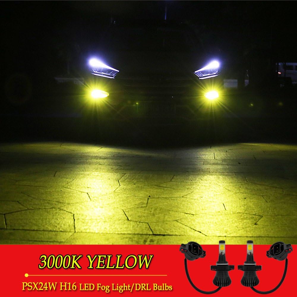 PSX24W H16 2504 5202 12276 LED Fog Lights Bulb Yellow Amber Gold Golden 3000K for Trucks Cars Lamp Kit Plug Error Free All in One Replacement Bulbs 12V 30W 2800LM Super Bright COB Chip 1 Year Warranty