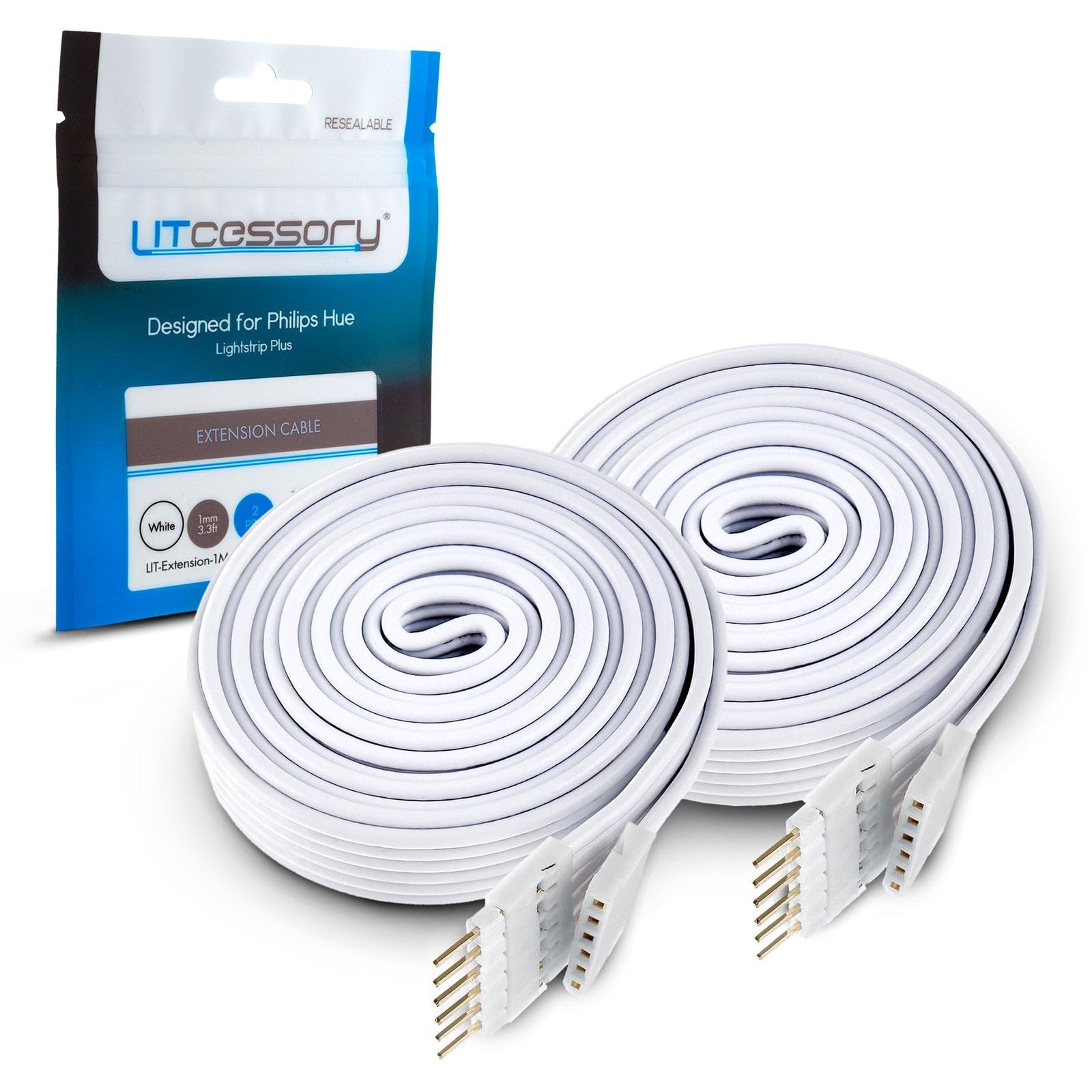 Litcessory Extension Cable for Philips Hue/WiZ Lightstrip (1m, 2 Pack, White - STANDARD 6-PIN V3 / WiZ Lightstrip)