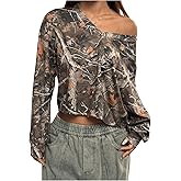 WDIRARA Women's Camo Leaf Print Crop Top V Neck Long Sleeve Tee Streetwear T-Shirt