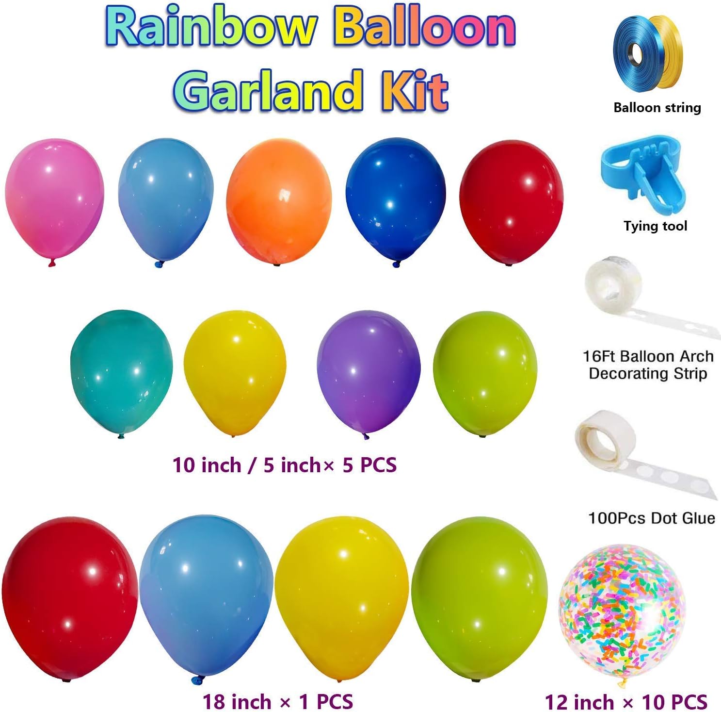 Rainbow Party Balloons Garland Kit, 114 Pack Assorted Multicolor Latex Balloon With Long Paper Confetti Balloons for Carnival Circus Fiesta Wedding Birthday Party Decorations: Health & Personal Care