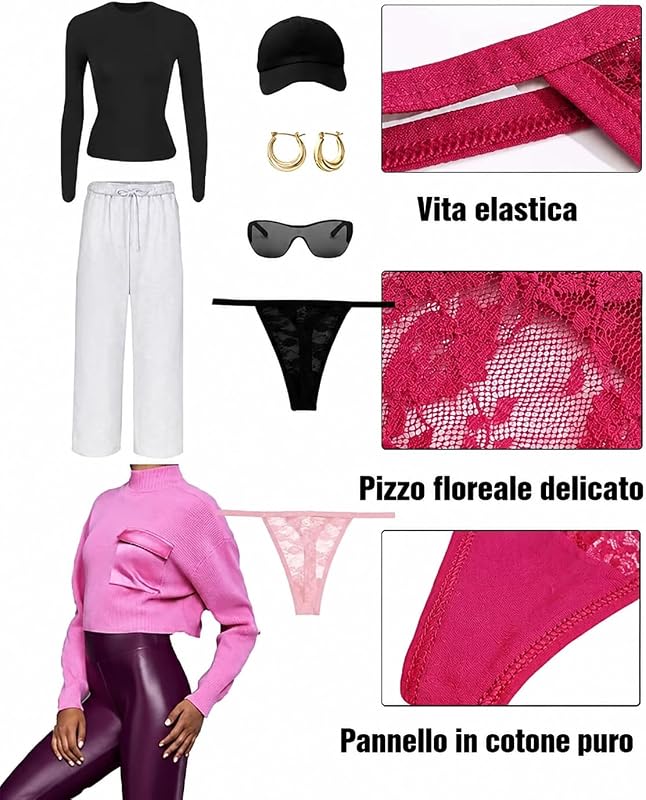 Set di 6 Perizomi Sexy, Set Tanga, Biancheria Intima da Donna, Biancheria Intima in Pizzo, Biancheria Intima Femminile Delicata, Hipster, Perizomi Sexy per Donne, Confezione Multipla, S