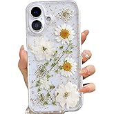 LSEEKA for iPhone 16 Clear Case with Pressed Real Flowers Design,Glitter Cute White Floral Pattern Slim Soft TPU Protective Women Girl's Phone Cover for iPhone 16