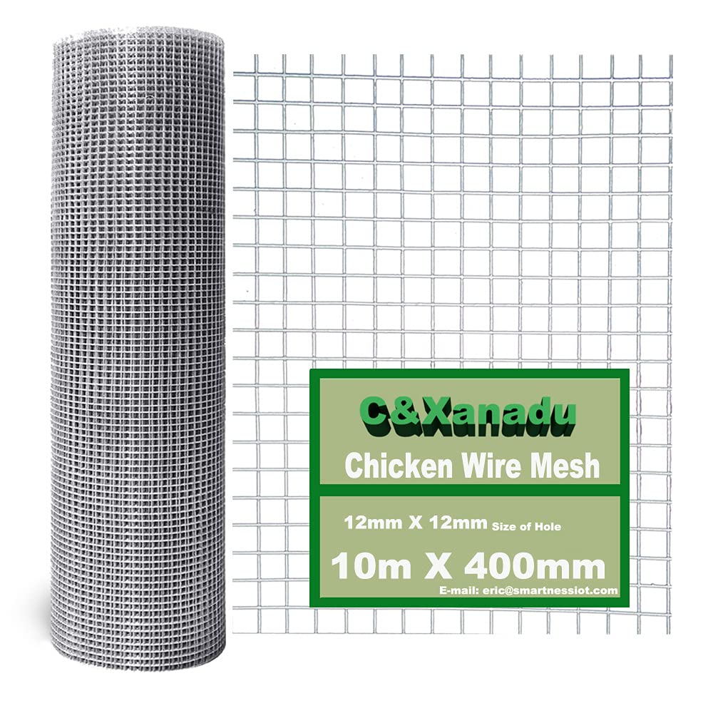 C&Xanad 400mmX10m Chicken Wire Mesh Roll | 12mm X 12mm Holes | 0.9mm /20 Gauge Aviary and Poultry Wire Fencing, Hot Dip Galvanised Welded Mesh Panels