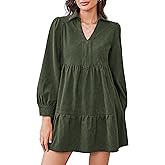 FOMELY Corduroy Dress Women V Neck Long Sleeve Fall Winter Dresses A Line Babydoll Dress with Pockets