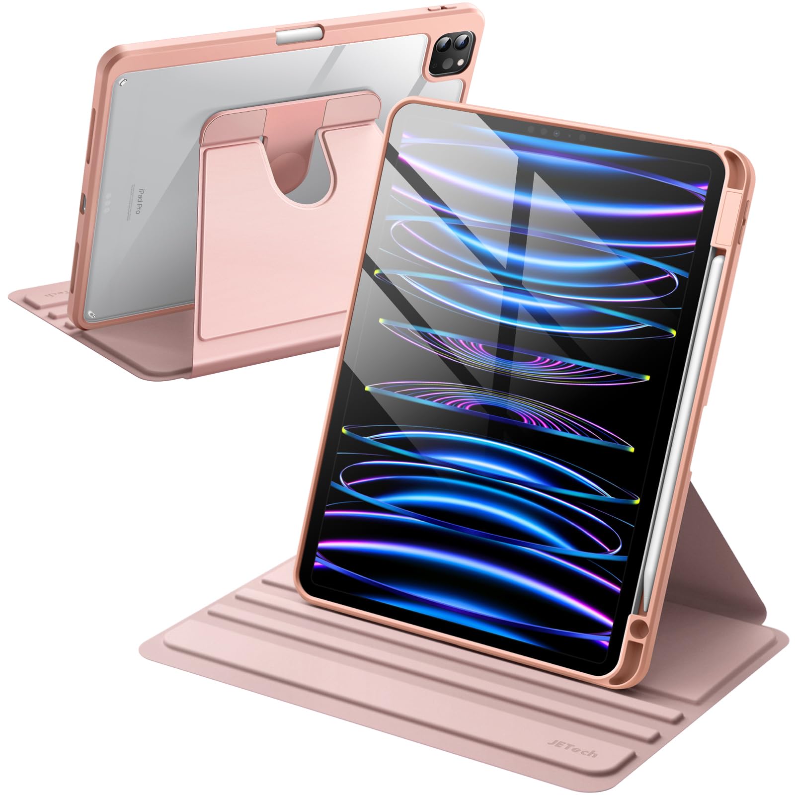 JETech Rotating Case for iPad Pro 11-Inch 2022/2021(4th/3rd gen) with Pencil Holder, 360 Degree Rotation Protective Stand Cover Clear Back, Auto Wake/Sleep (Rose Gold)