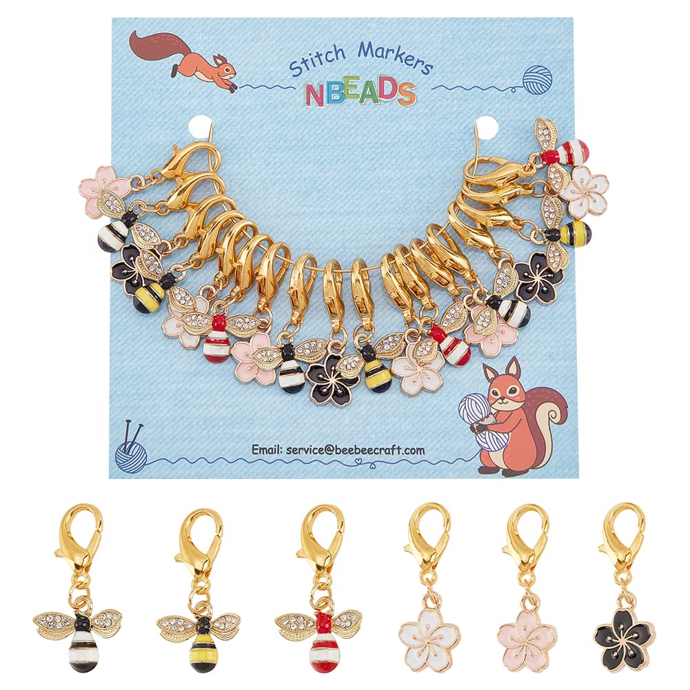 NBEADS 18 Pcs Bees Flower Stitch Markers, Alloy Enamel Crochet Stitch Marker Charms Removable Lobster Clasp Locking Stitch Marker for Knitting Weaving Sewing Accessories Quilting Handmade Jewelry — image 1