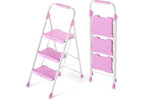 KINGRACK 3 Step Ladder, Sturdy Step Stool with Handrail, Anti-Slip Wide Pedals, 900lbs Foldable Step Stool for Home, Garage, Garden, Household, Large Loading Capacity, Pink