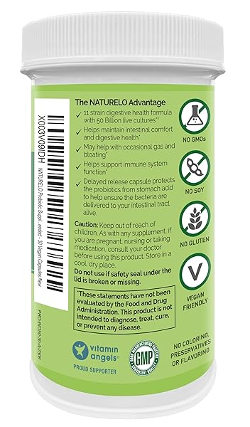 NATURELO PROBIOTICS FOR DIGESTIVE HEALTH, 50 BILLION CFU, 30 VEGETARIAN CAPSULES, 11 STRAINS, DAILY USE SUPPLEMENT, DELAYED RELEASE, NO-FRIDGE, HELPS BOOST IMMUNE SYSTEM, PROBIOTICS FOR WOMEN & MEN