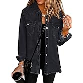UEAL Womens Oversized Button Down Frayed Hem Denim Shacket Casual Long Sleeve Jean Jackets 2026 Spring Outfits
