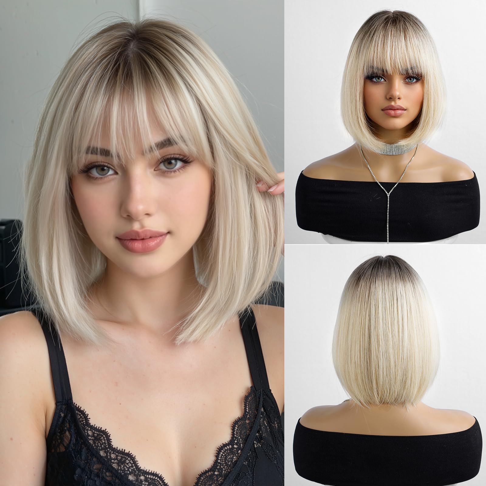 Esmee Short Straight Ombre Blonde Natural Bob Wigs With Bangs Shoulder Length Wig Synthetic Cosplay Wigs for Women — image 1
