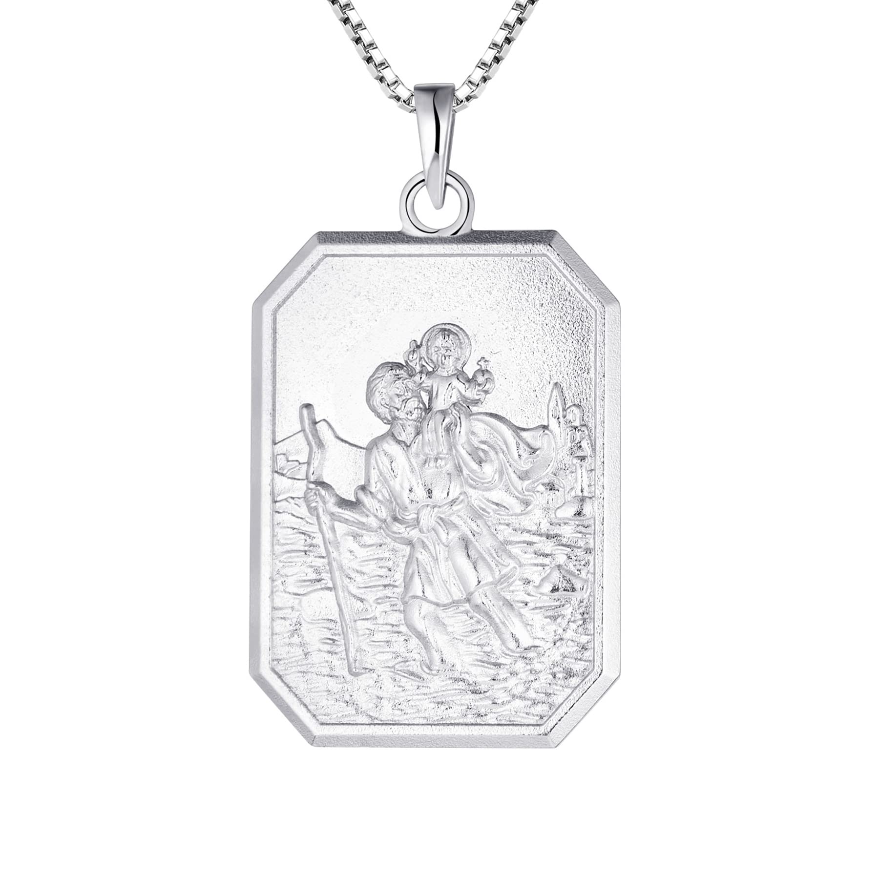 FJ St Christopher Necklace 925 Sterling Silver Saint Christopher Necklace for Women Men Square Protector of Travelers Pendant with 20" Chain
