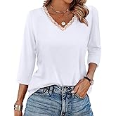 WIHOLL 3/4 Length Sleeve Womens Tops Lace V Neck Tunic Tops Loose Fit Dressy Casual Shirts Blouses