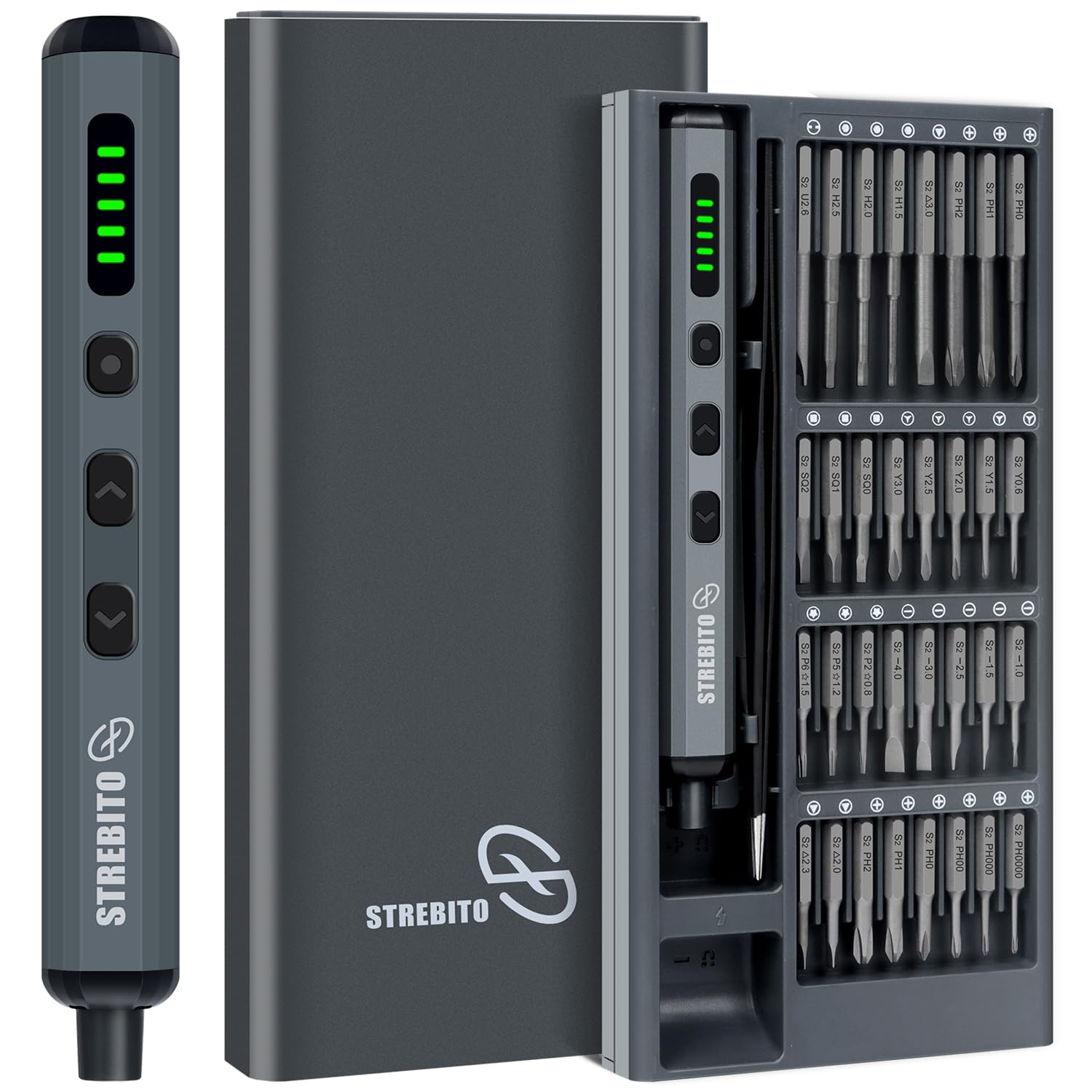 STREBITO Mini-Elektroschrauber-Set, 70-in-1 kabelloser Elektroschrauber – 64 S2-Präzisions-Bits, 5 Drehmomenteinstellungen, 4 LED-Leuchten