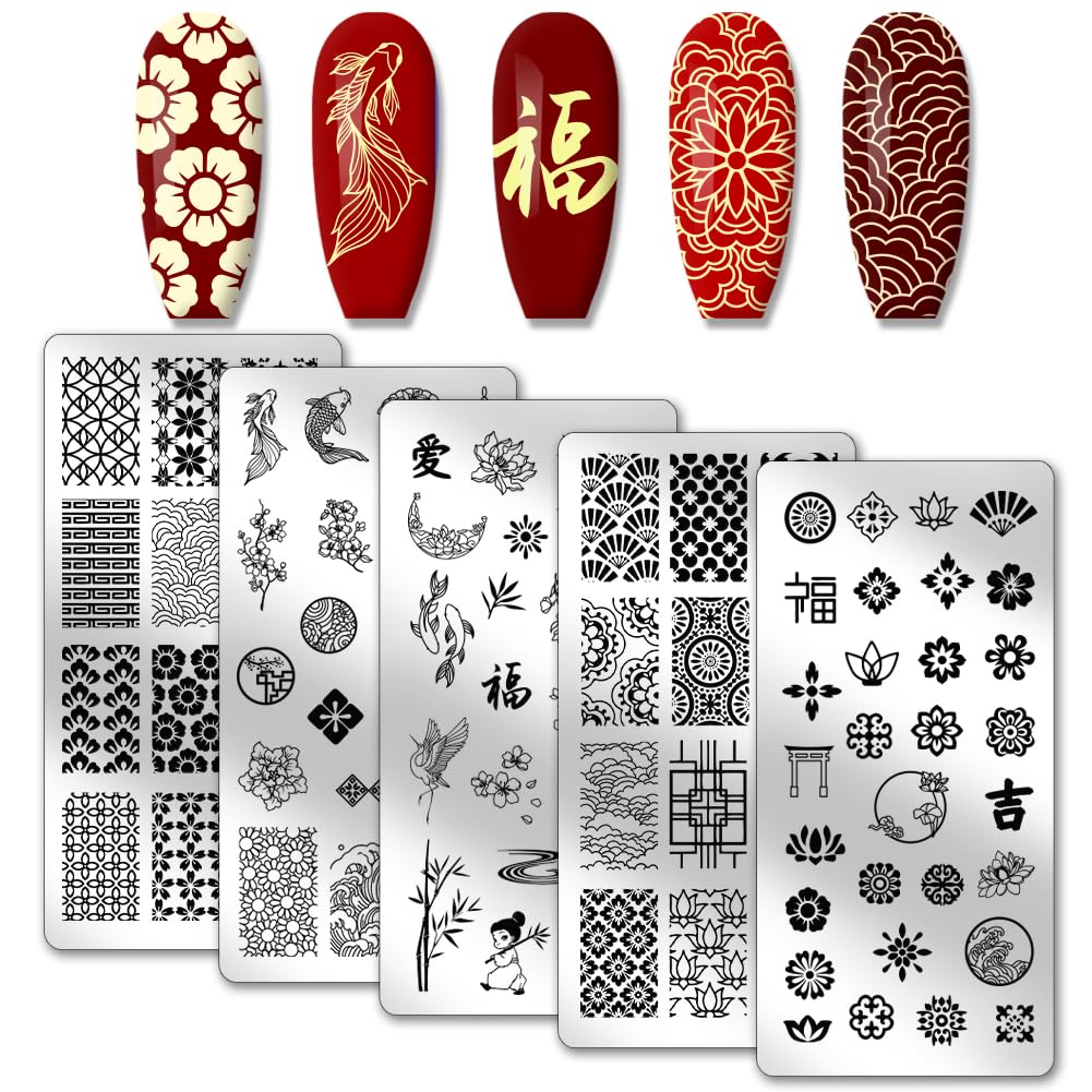 PH PandaHall 5pcs Traditional Chinese Style Nail Stamping Plates, Lucky Words Flower Nail Stamper Texture Nail Art Stencils Stainless Steel Nail Plates for Nail Art New Year Design Manicure Salon