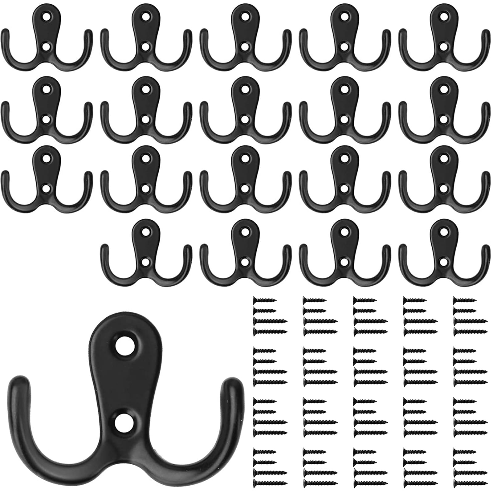 Bolatus Pack of 20 Coat Hooks, Double Wall Hooks, Retro Hooks, Metal Coat Hooks, Vintage with 80 Screws for Coat Hooks, Bathroom, Kitchen (Black)
