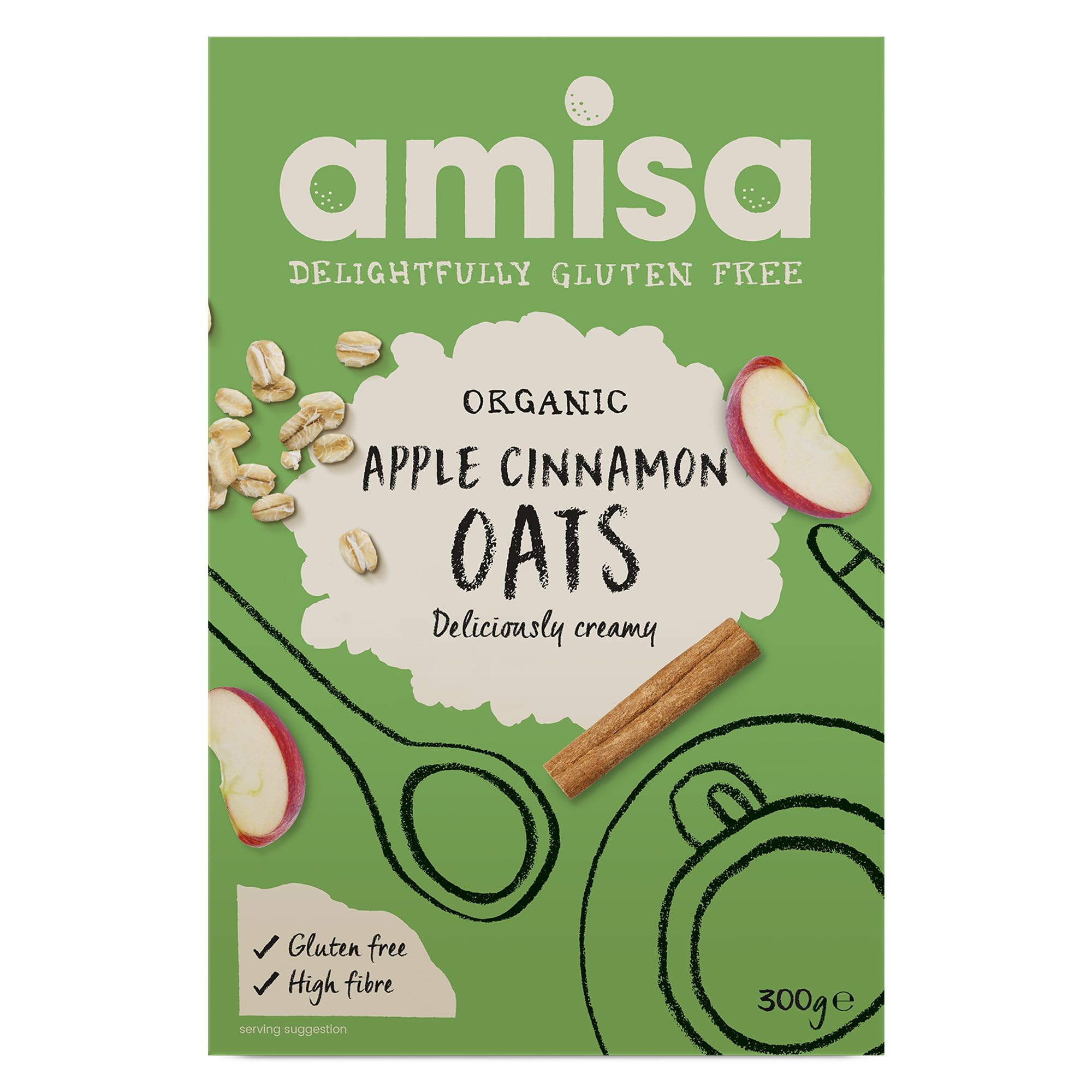 Amisa Organic Gluten-Free Pure Porridge Oats Apple & Cinnamon, 300g - High in Fibre & Gluten Free - The Perfect Breakfast Cereal