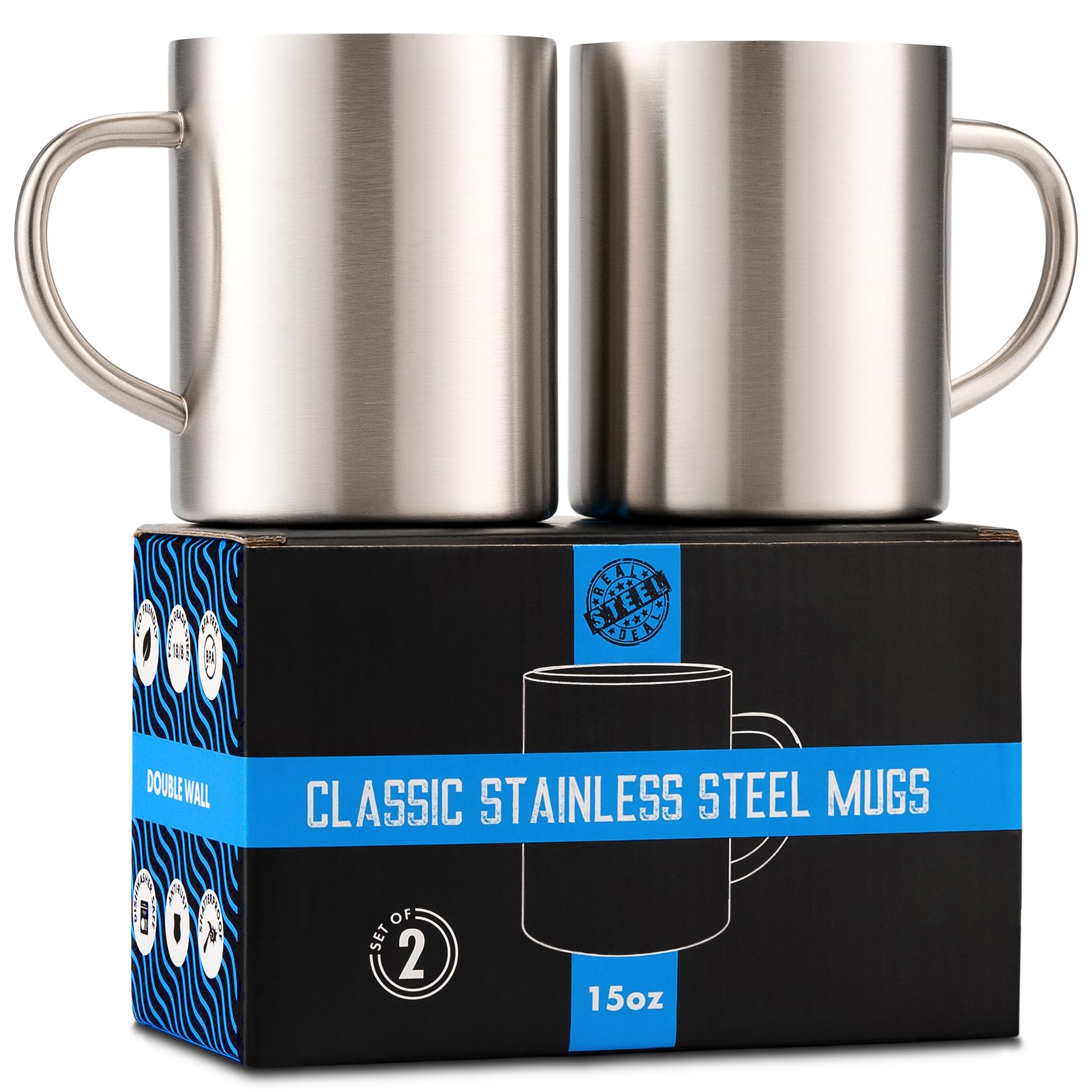 Photo 1 of Stainless Steel Coffee Mugs – 15 oz Double Wall Stainless Steel Mugs with Handle, Metal Coffee Cups for Tea, Insulated Mug Set of 2 – BPA Free, Durable, Unbreakable Metal Coffee Mugs for Camping