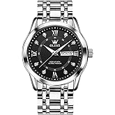 OLEVS Men's Stainless Steel Watch, Large Face Roman Numerals Diamond Accented Three-Hand Analog Quartz Watches for Men, Easy to Read Day Date Waterproof Luminous Mens Wristwatch