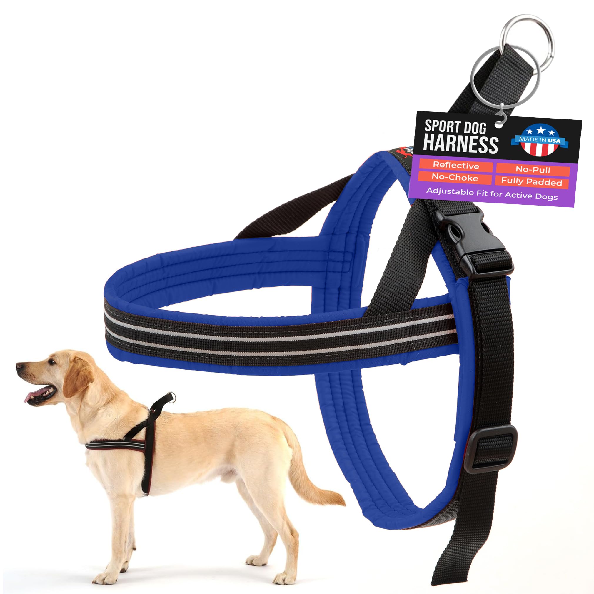 ComfortFlex Large Dog Harness - Made in The USA - Fully Padded, Reflective, Adjustable, Lightweight No-Choke, No-Pull, Non-Chafing Design for Active Dogs, Enhanced Control, Large, Mariner Blue