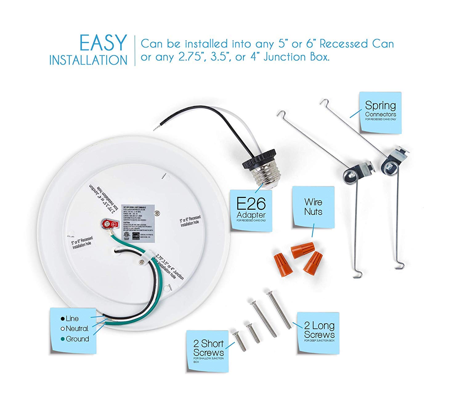 Parmida (24 Pack) 5/6” Dimmable LED Disk Light Flush Mount Recessed Retrofit Ceiling Lights, 15W (120W Replacement), 5000K (Day Light), Energy Star, Installs into Junction Box Or Recessed Can, 1050lm