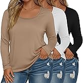 Evervibe 3 Pack Women's Plus Size Scoop Neck Long Sleeve Shirts, U Neck Loose Layer Tops Casual Soft Solid Basic Tees Blouses
