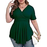 Gocolloa Plus Size Tops for Women Summer Short Sleeve V Neck Casual Shirts Dressy Pleated Wrap Tunic Top Blouses