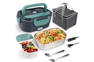 SOHIDA Electric Lunch Box Food Heater, 80W Portable Warmer for Car Truck Work with 304 Stainless Steel Container, 12V/24V/110V Green Heated Lunch Box Suitable for Ideal Driver/Work/Gift